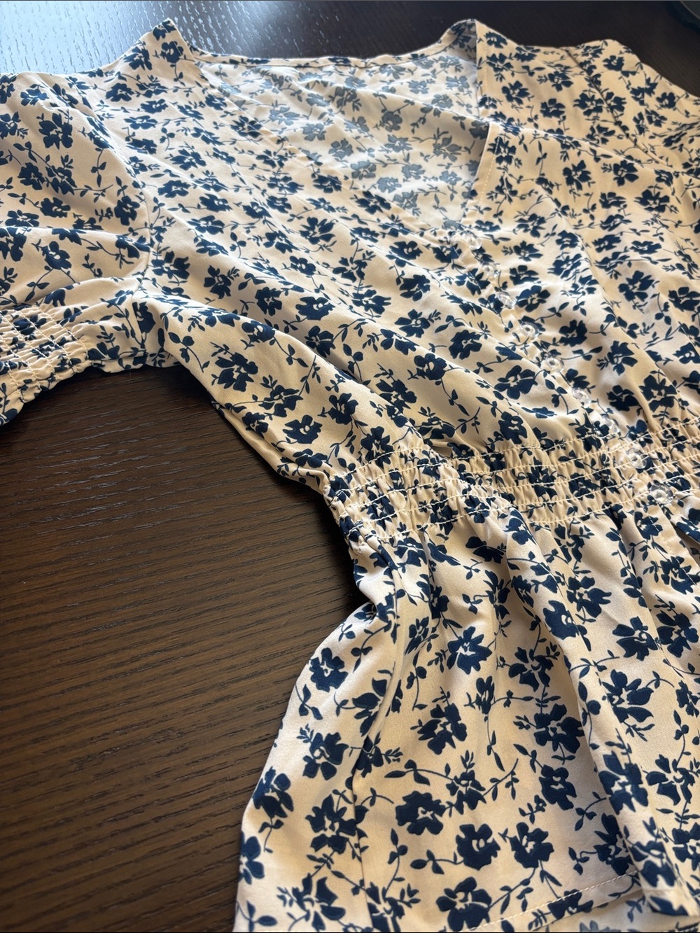 Cream and Navy Floral V-Neck Dress